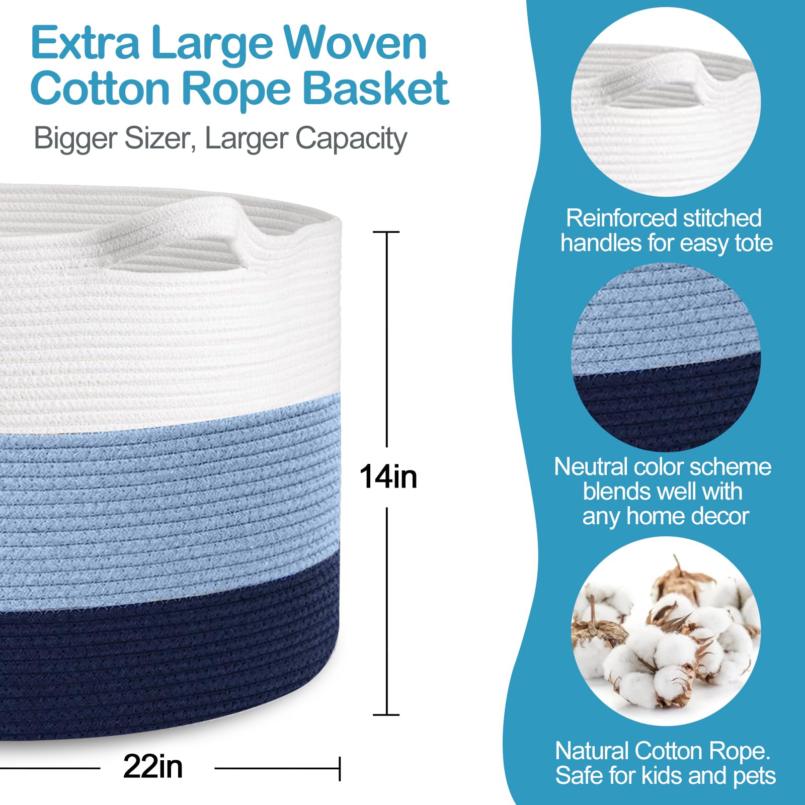 MEGASKET 3-toned blue closeup shows soft cotton rope texture