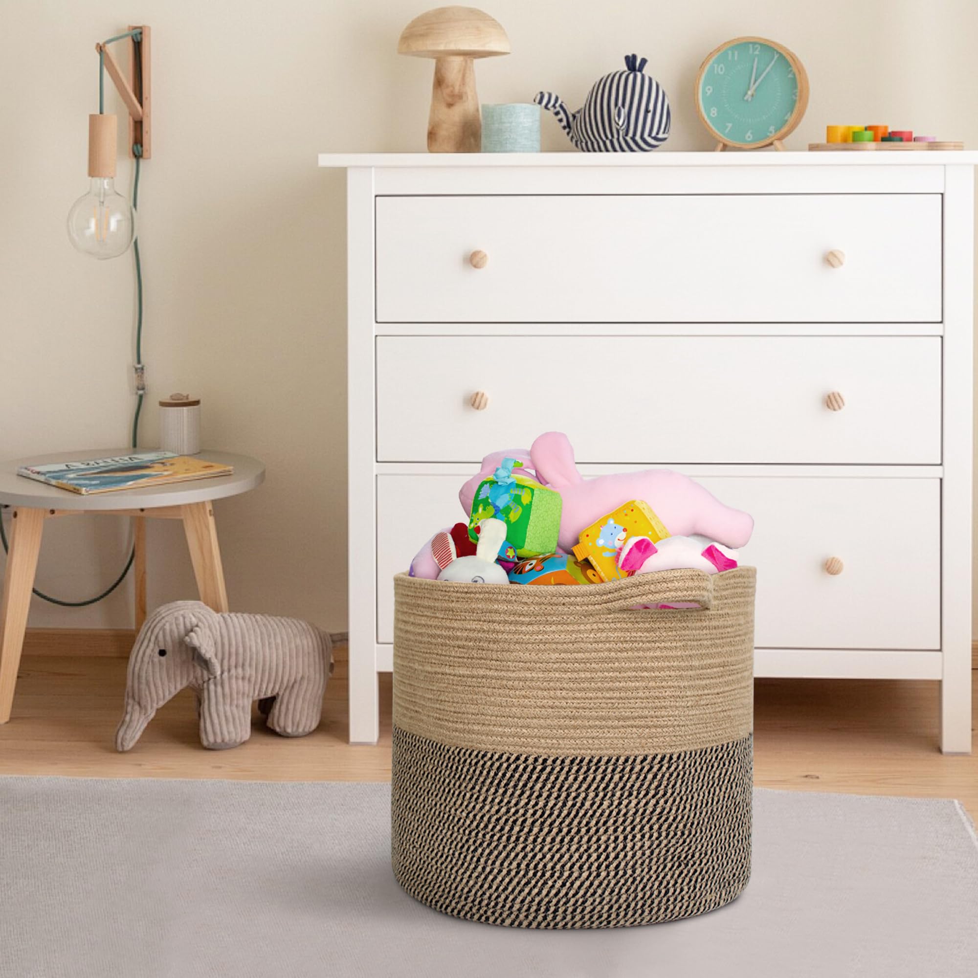MEGASKET round laundry-and towel basket used beside laundry area for easy sorting.