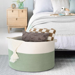 MEGASKET living-room-decor-bin blends two-tone green with versatile toy and blanket storage.