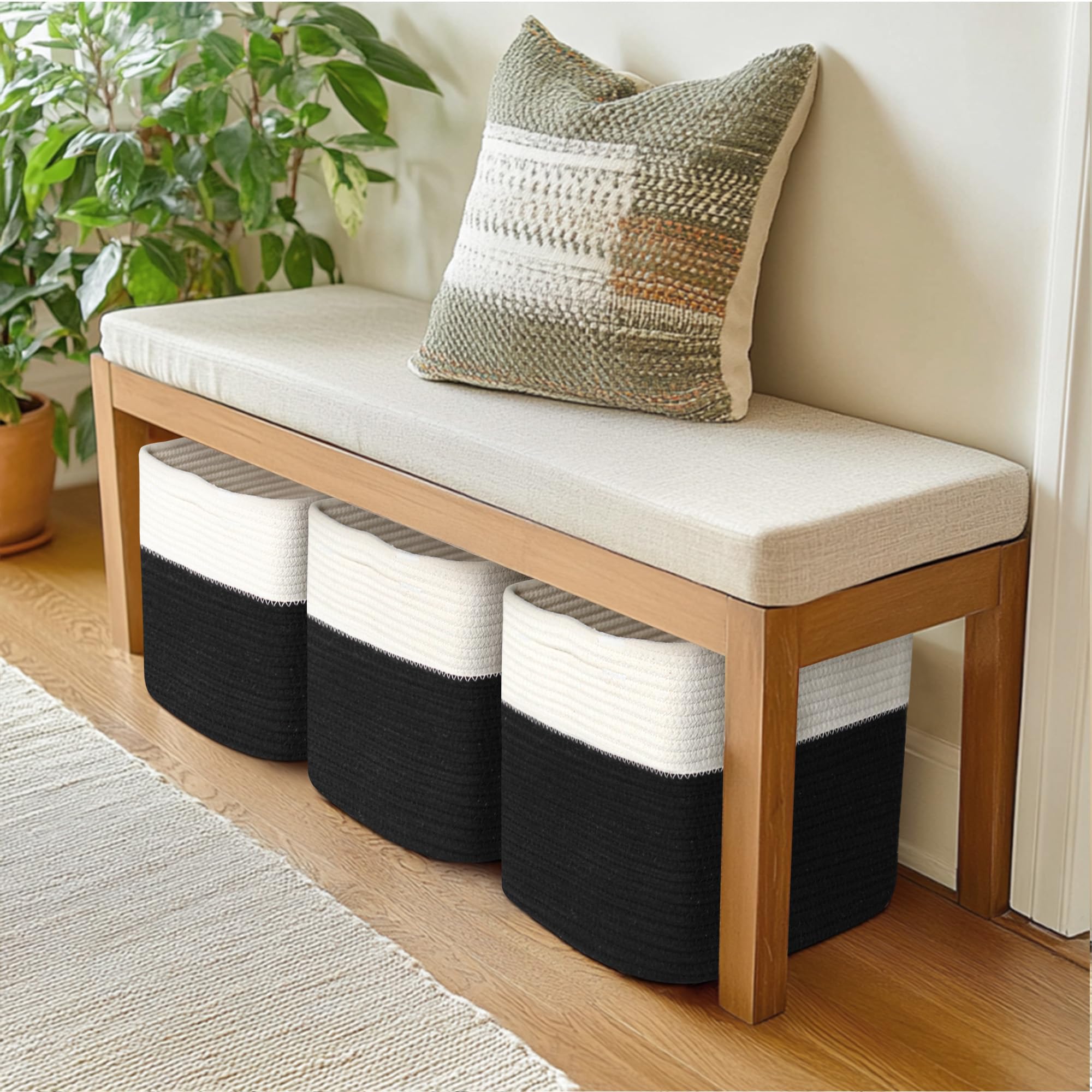 MEGASKET storage bin blends with neutral decor for living room organization.