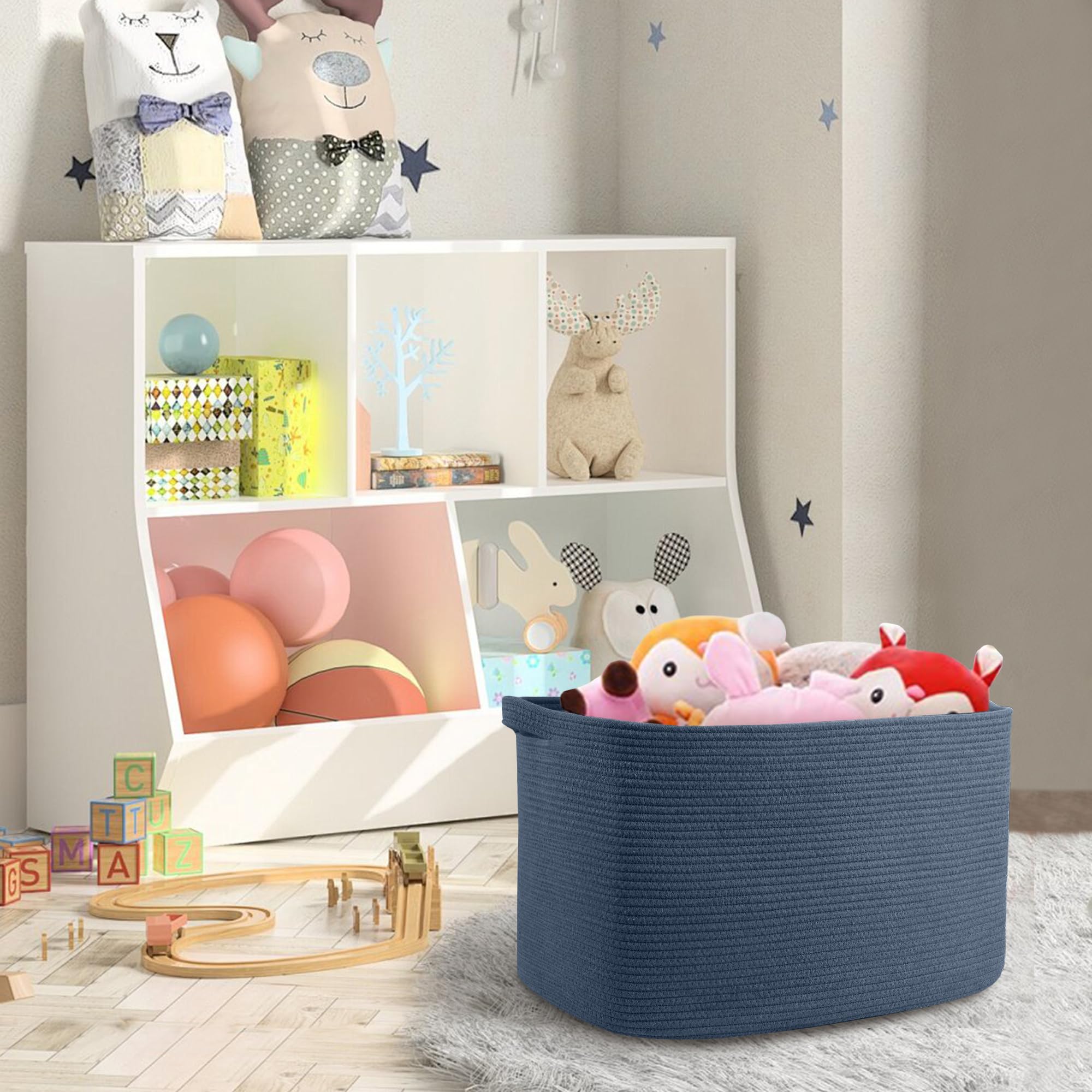 MEGASKET multi-functional storage holds blankets, pillows, toys, towels, and more.