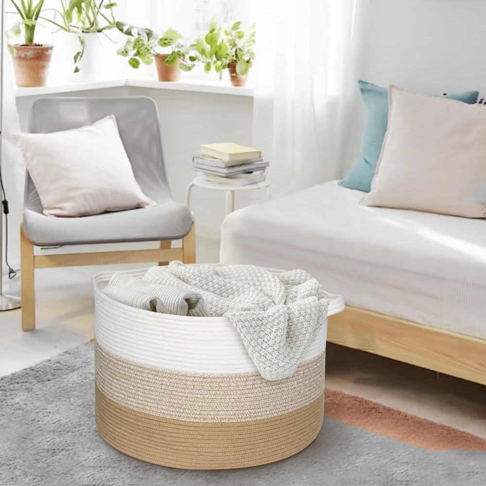 MEGASKET neutral-toned basket in living room complements decor and stores items