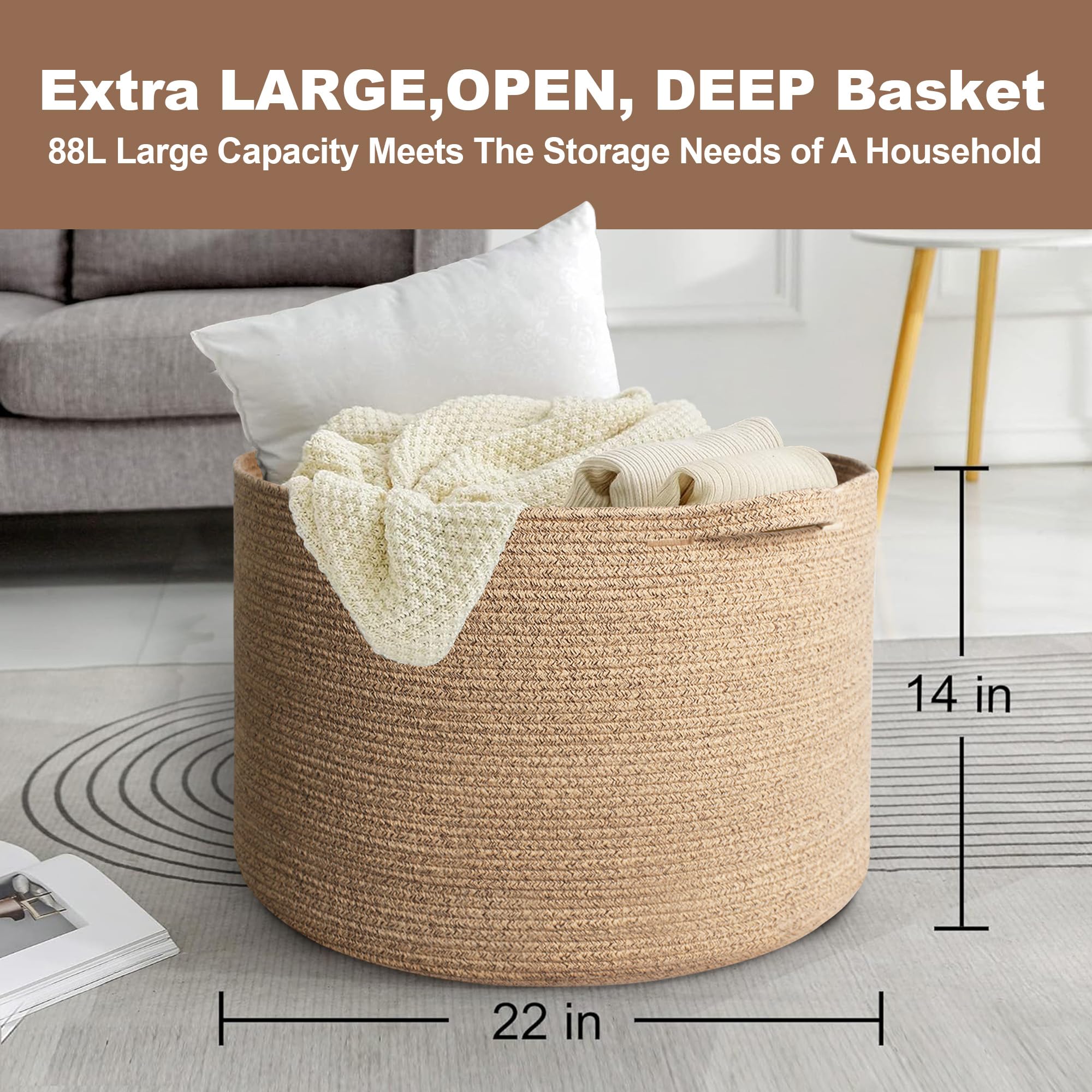 MEGASKET neutral color woven basket in living room decor, keeps blankets within reach.