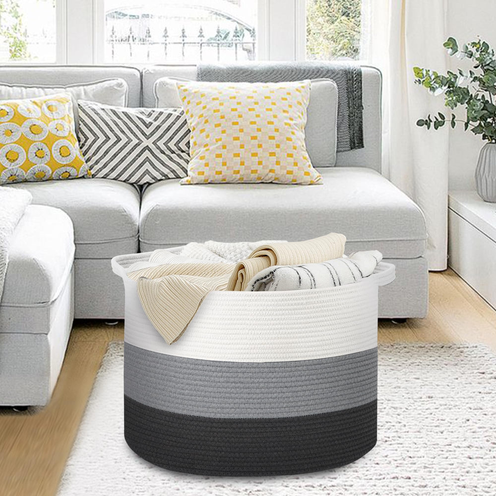 MEGASKET open-top blanket organizer offers easy access for throws and pillows.