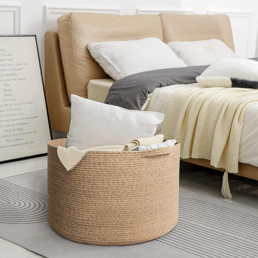 MEGASKET oversized basket in living room holds pillows and throws neatly.