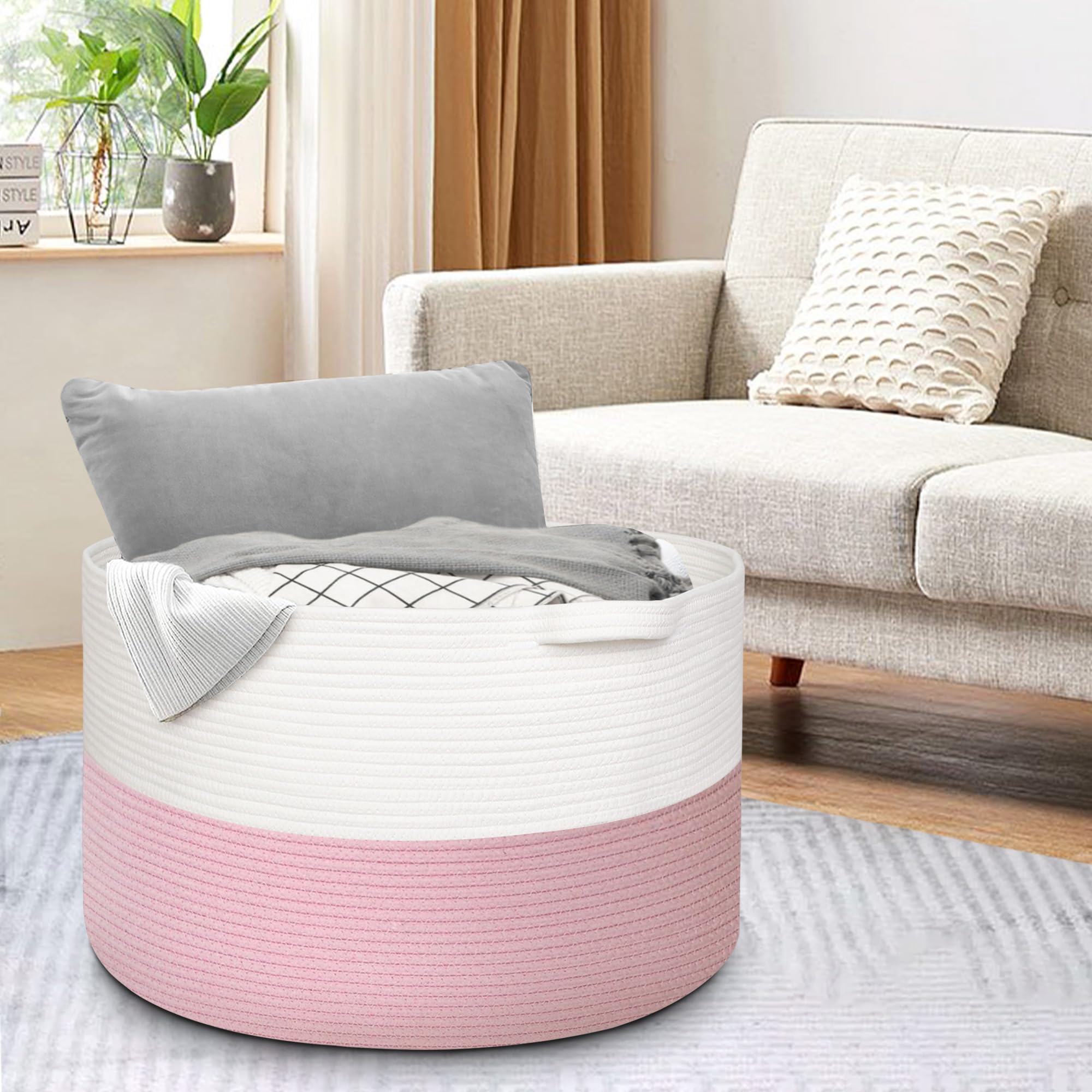 MEGASKET pink basket doubles as a laundry hamper for blankets and towels.