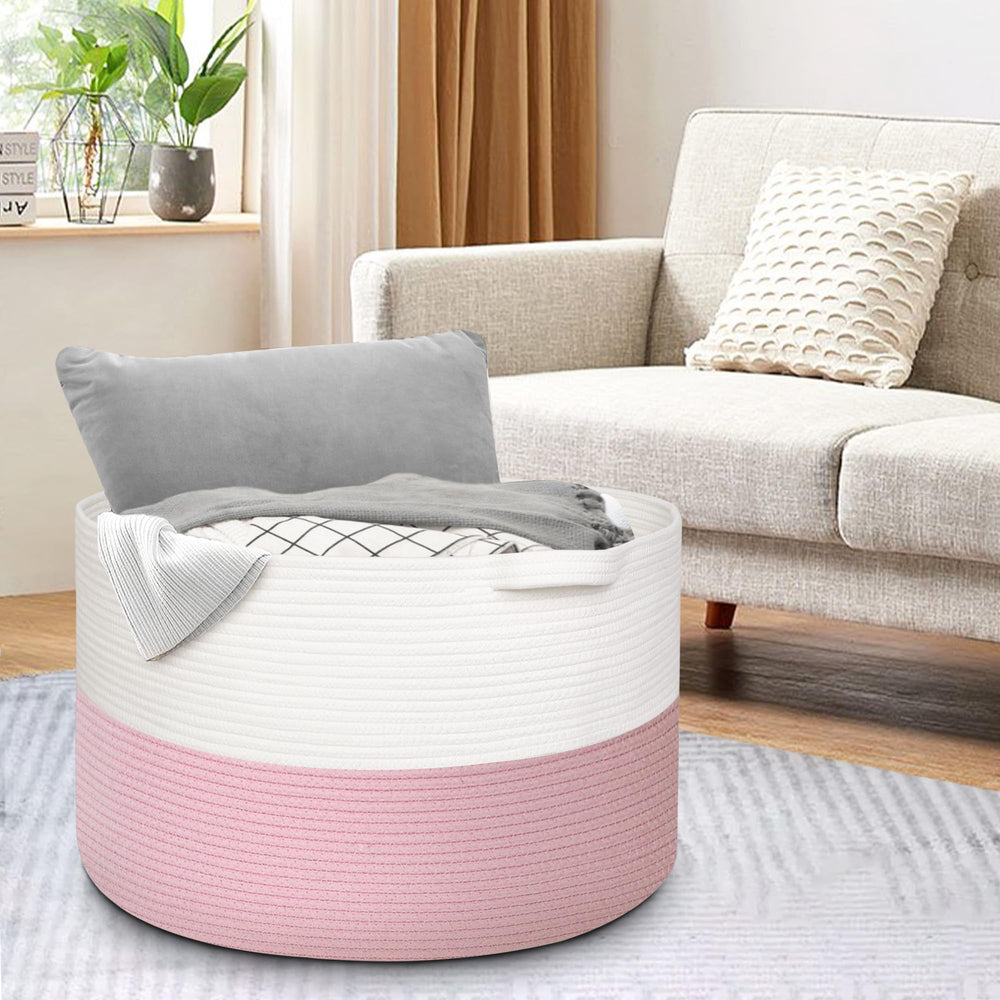 MEGASKET pink basket doubles as a laundry hamper for blankets and towels.