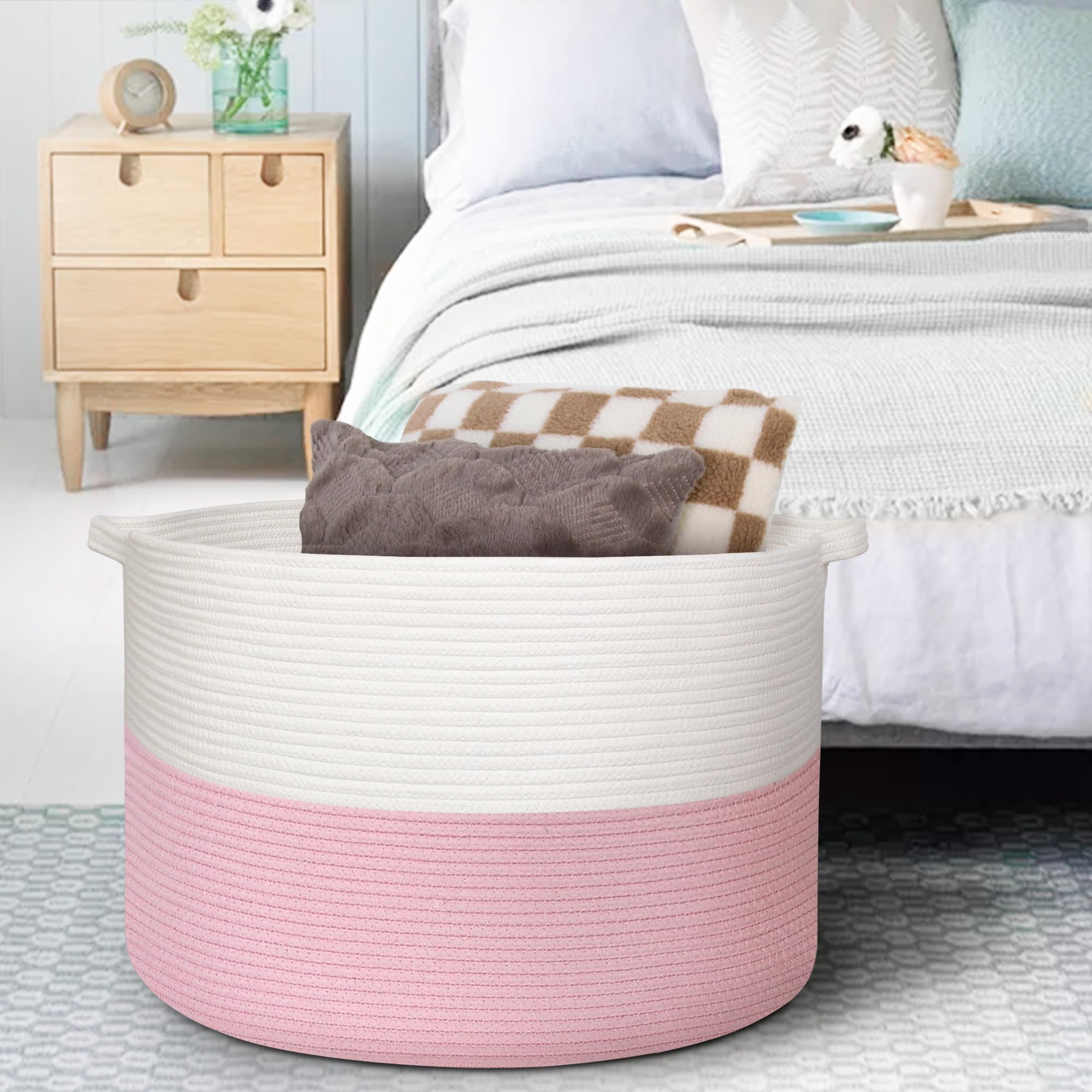 MEGASKET pink basket two-toned design complements modern living rooms.