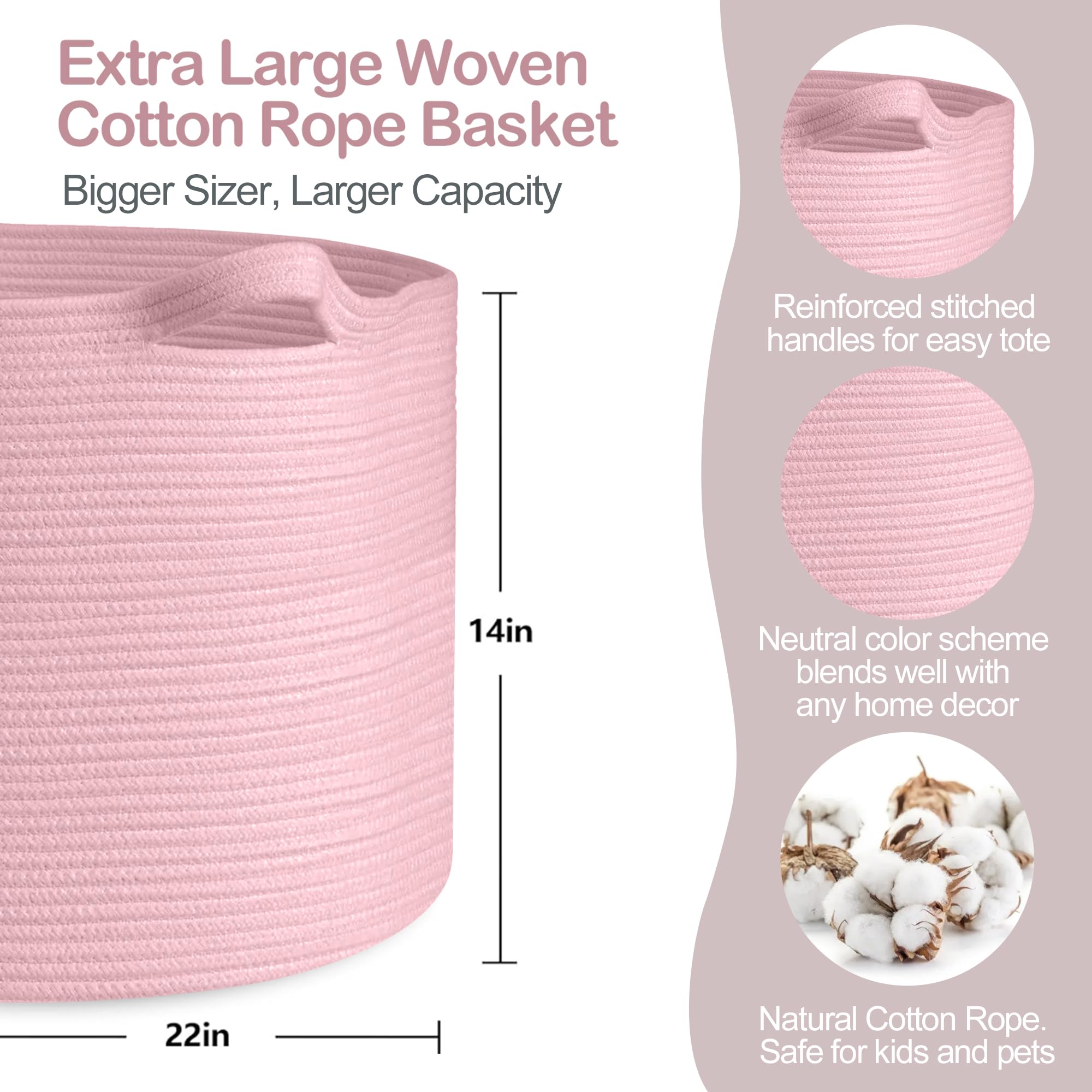 MEGASKET Pink Cotton Rope Basket with handles for easy portability and tidy room organization.