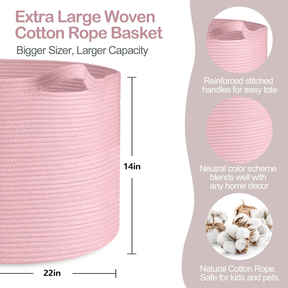 MEGASKET Pink Cotton Rope Basket with handles for easy portability and tidy room organization.