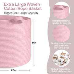 MEGASKET Pink Cotton Rope Basket with handles for easy portability and tidy room organization.
