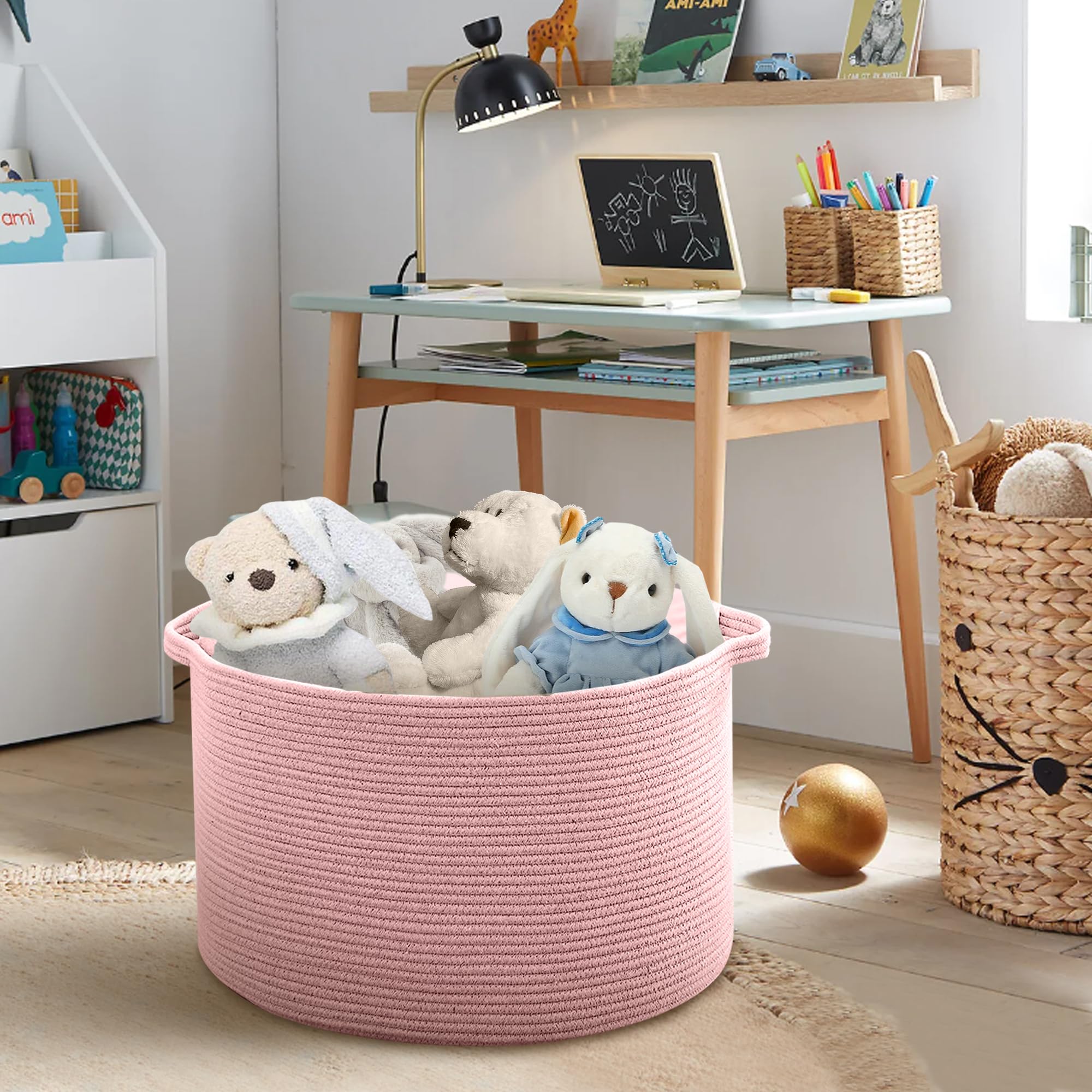 MEGASKET Pink storage basket with durable double handles for daily grabbing and moving.