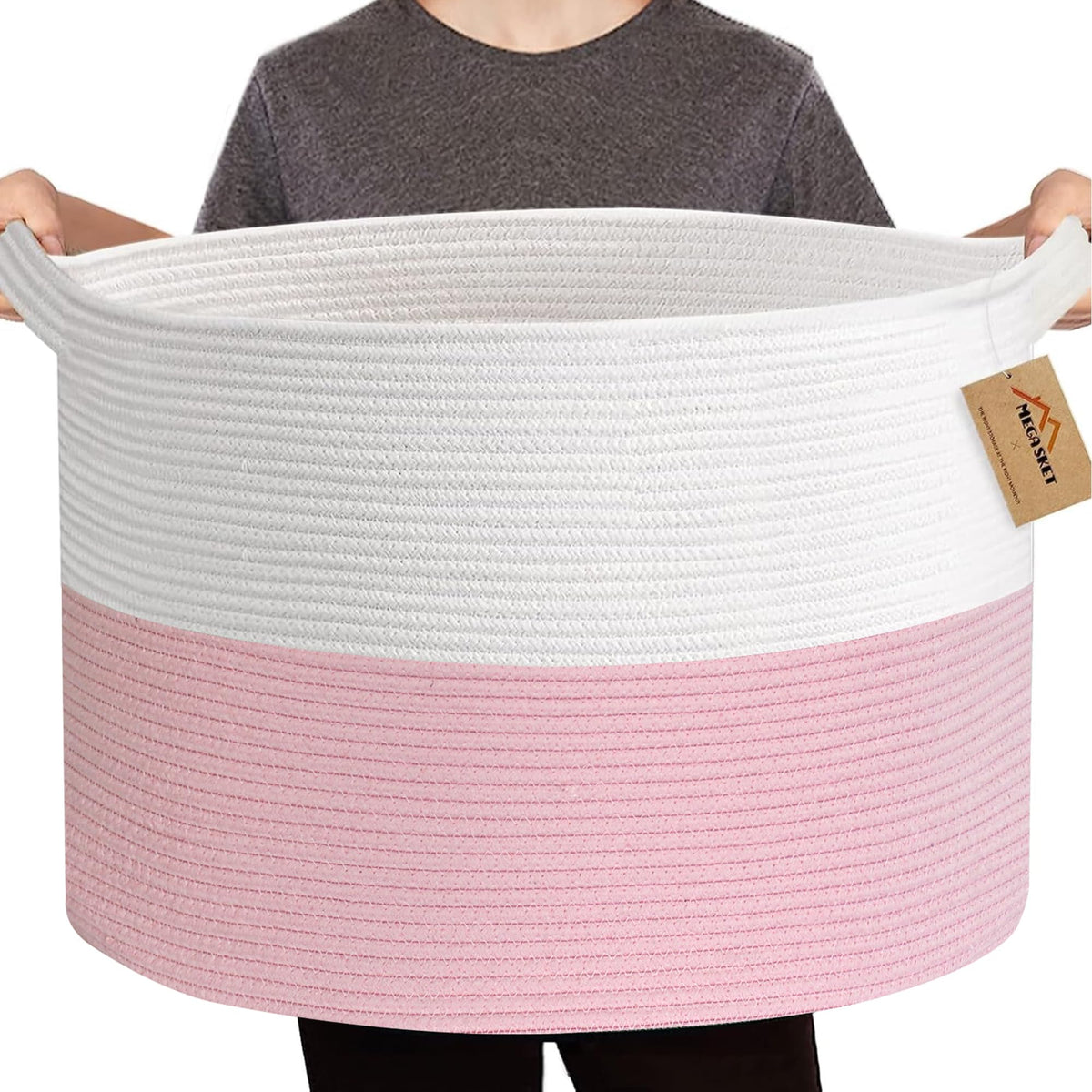 MEGASKET pink blanket basket showing 88L capacity for blankets