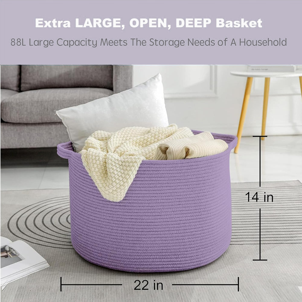 MEGASKET purple rope storage basket in living room provides easy blanket and pillow access.