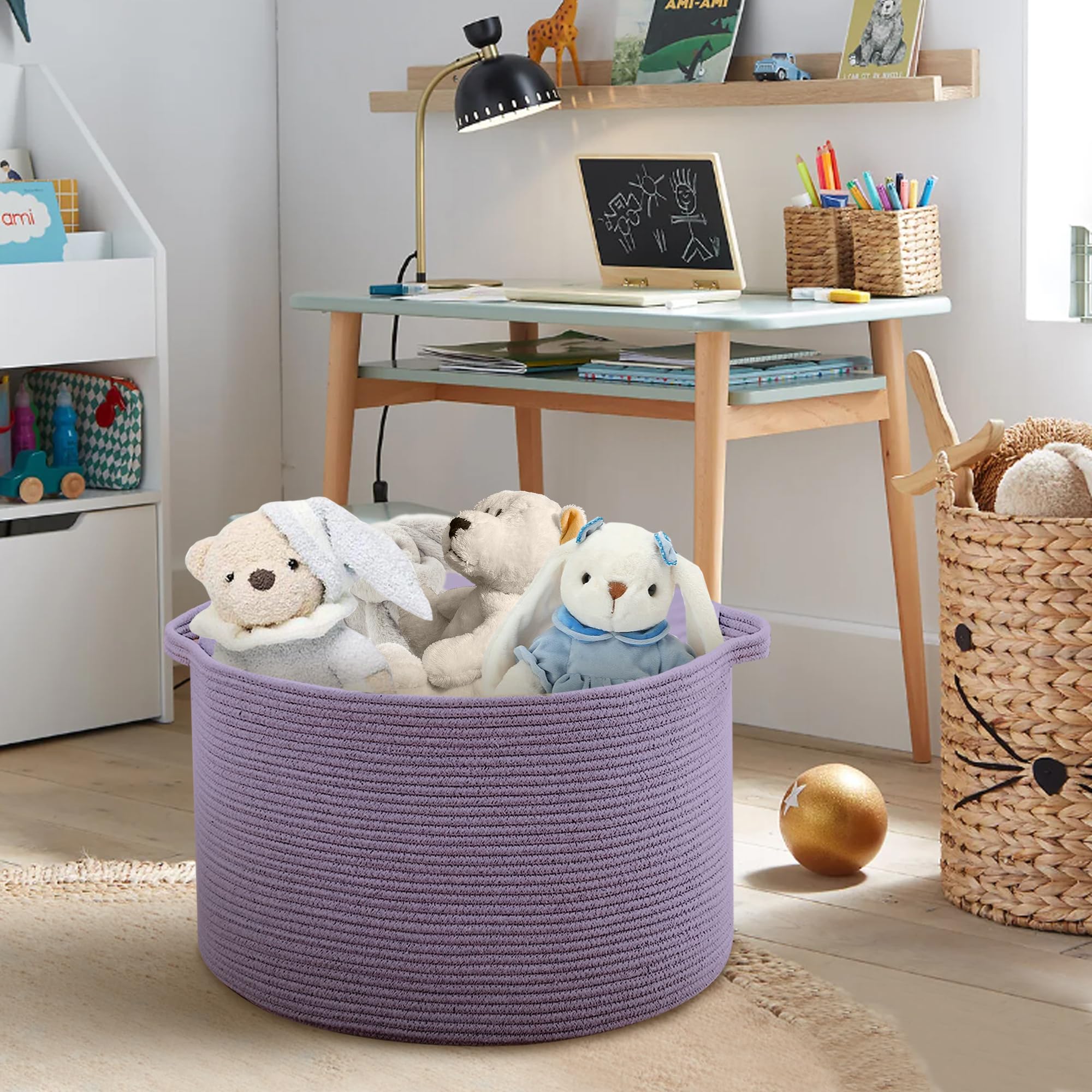 MEGASKET purple rope storage basket with two sturdy handles for portable organization.