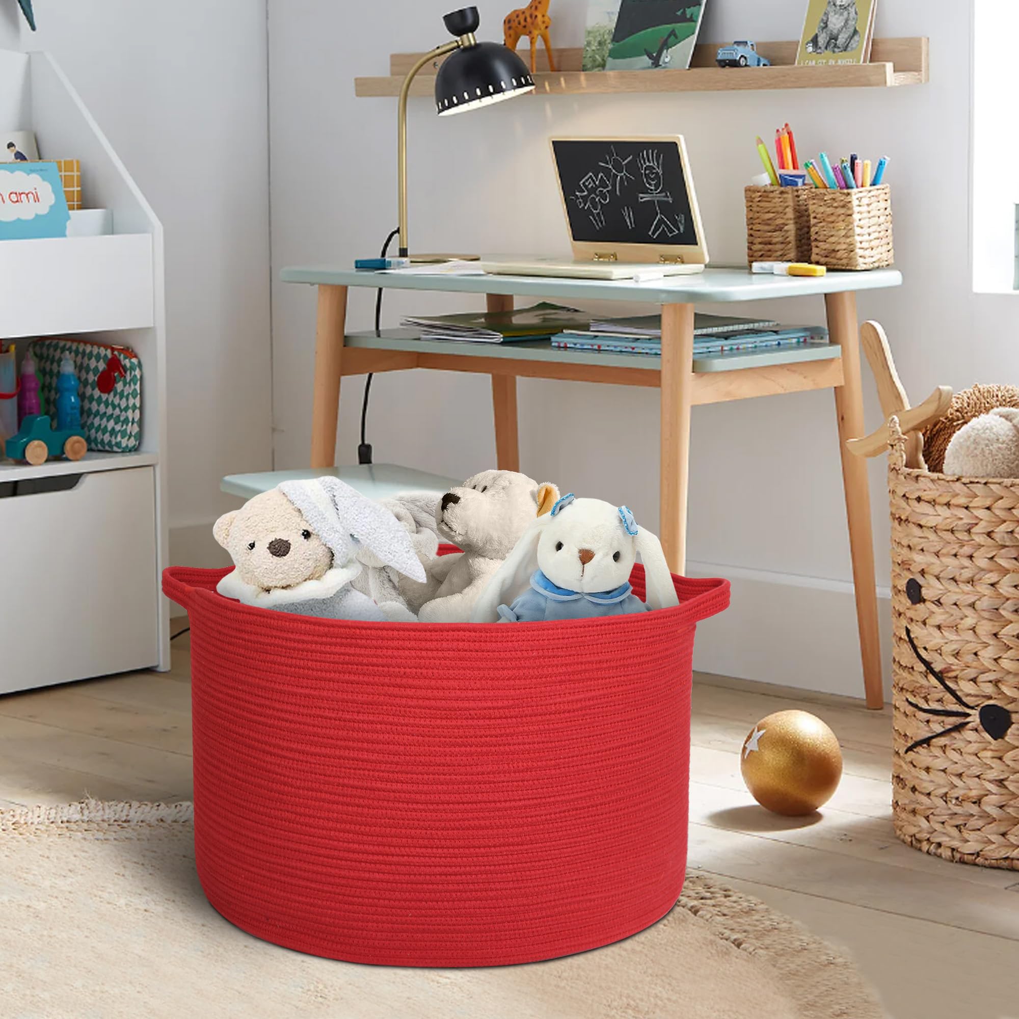 MEGASKET red basket filled with blankets and pillows for cozy lounge storage