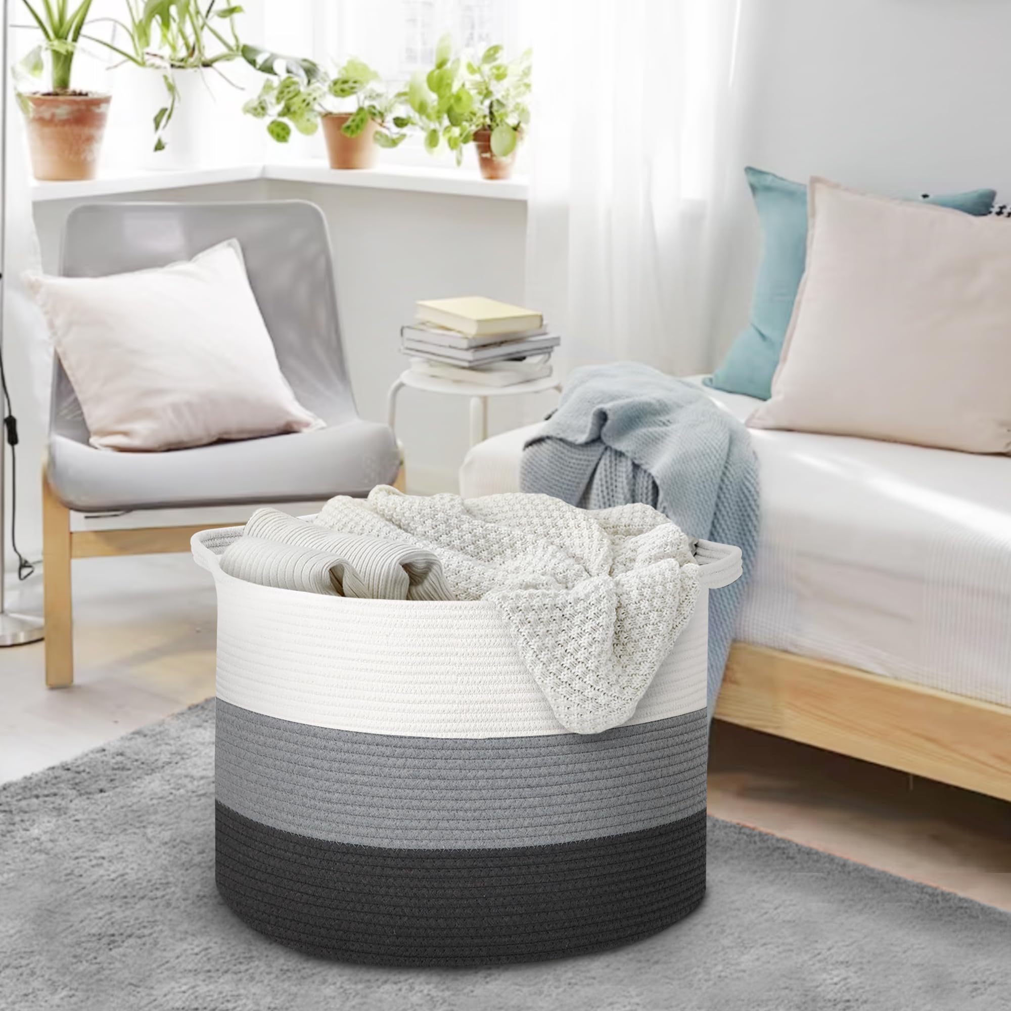MEGASKET round woven basket in neutral tone complements living room decor and storage.