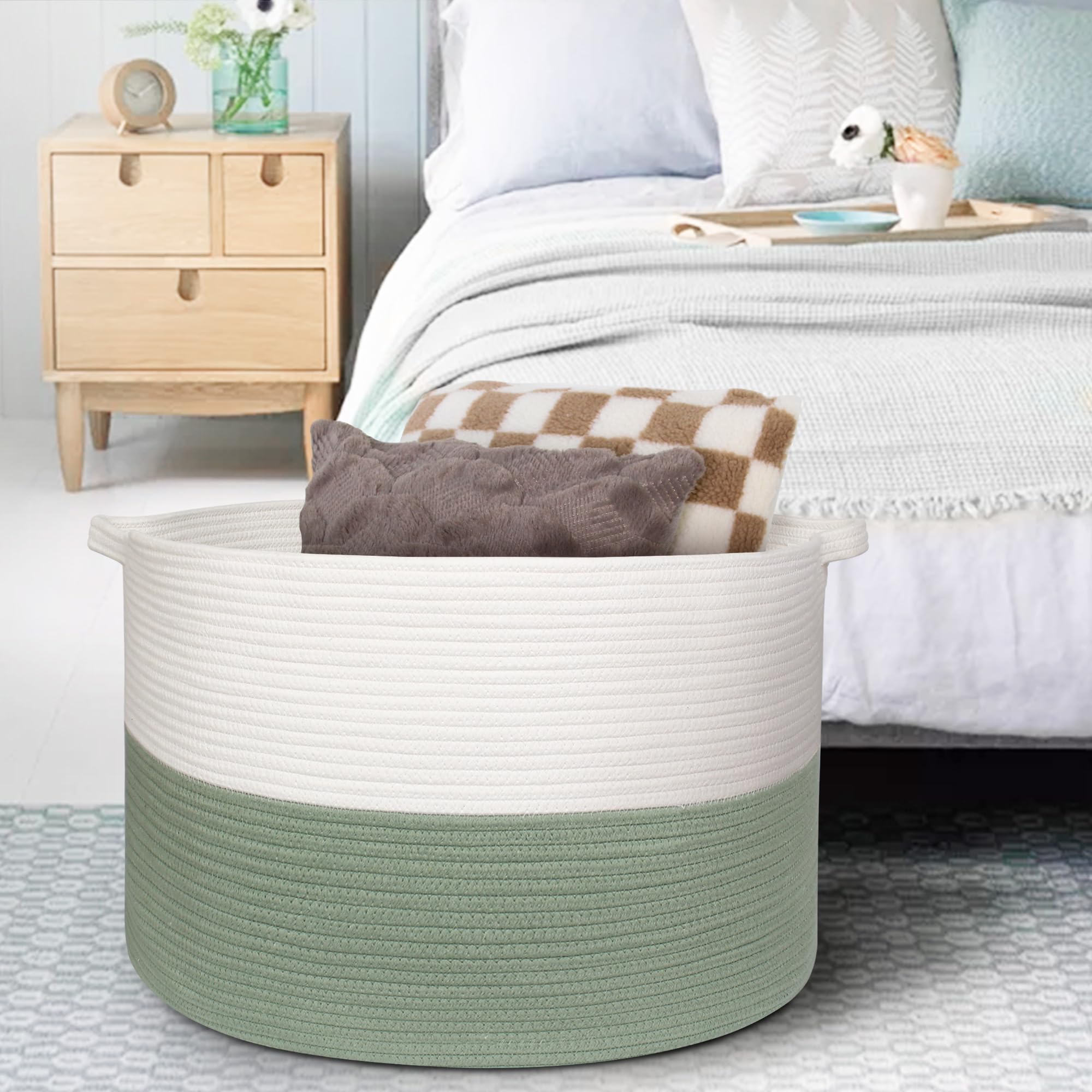 MEGASKET two-tone bin image showcases modern decor-friendly storage solution.