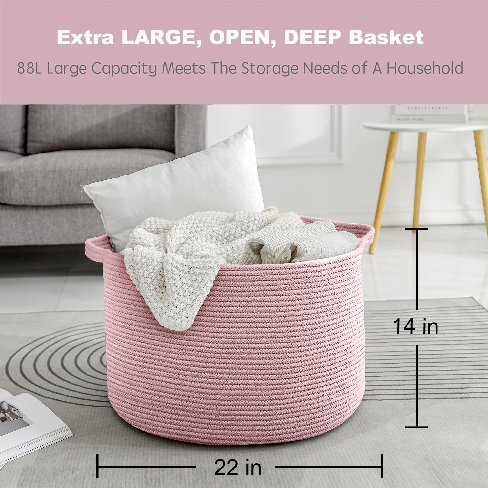 MEGASKET XXL basket holding pillows and throws—perfect for lounging spaces and guest rooms.
