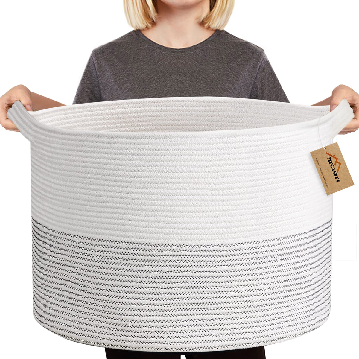 MEGASKET XXXL blanket basket 22x14 inches for easy sofa-side blanket storage.