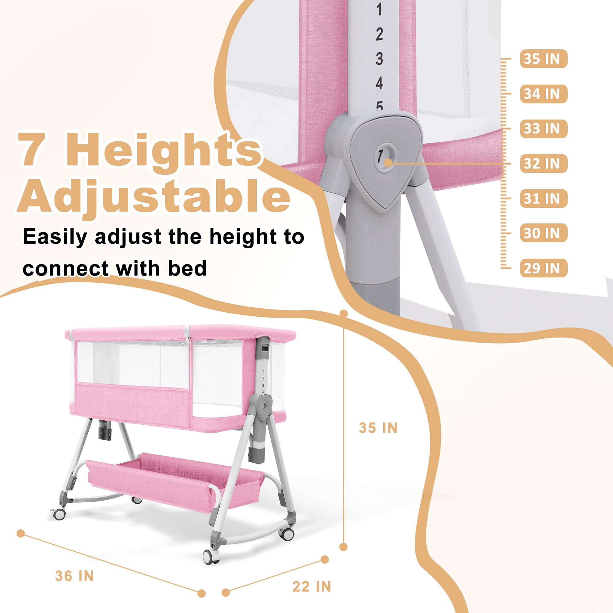 Meichyun bassinet with 6-height adjustment fits different bed heights.