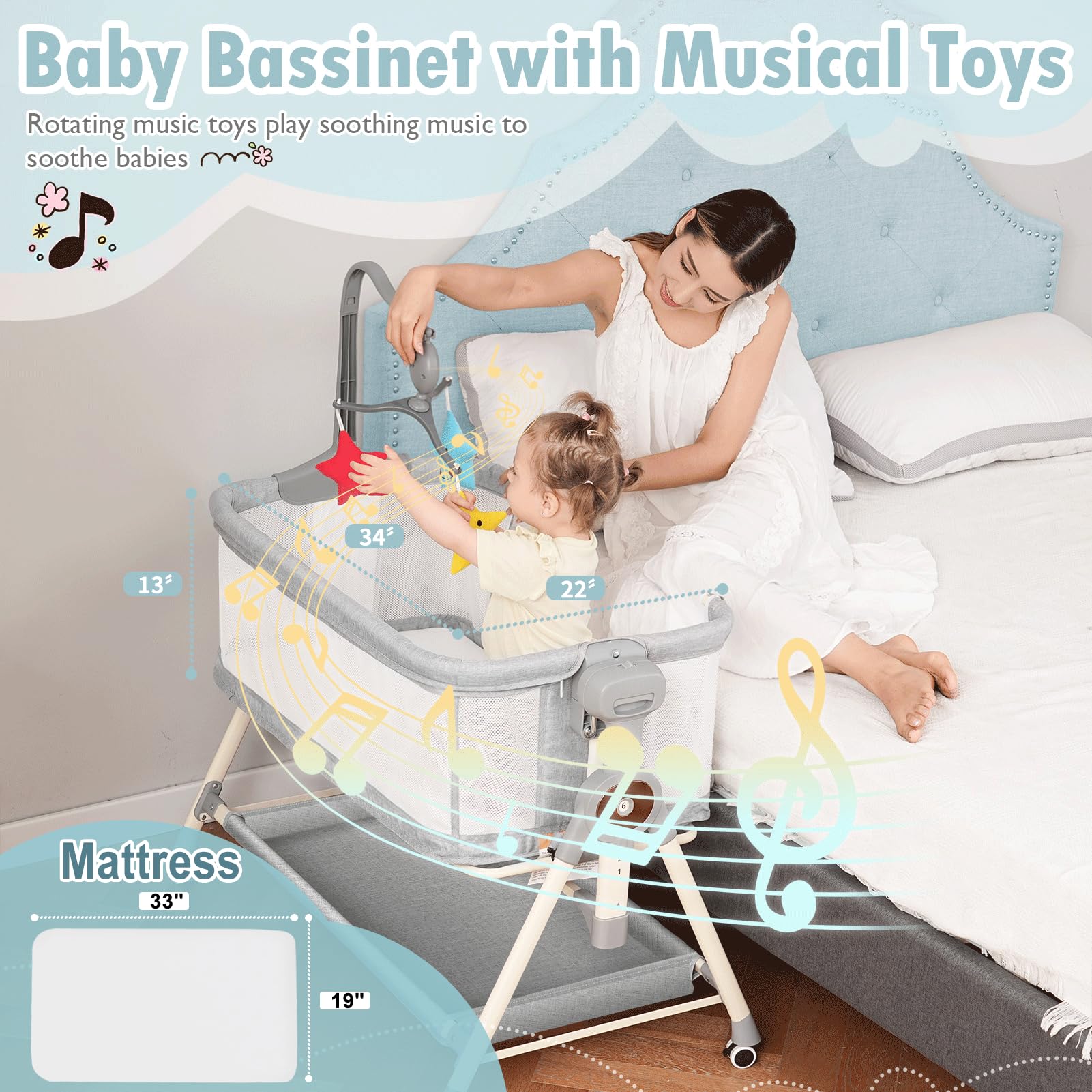 MEICHYUN bassinet height adjustable to six positions for bed alignment