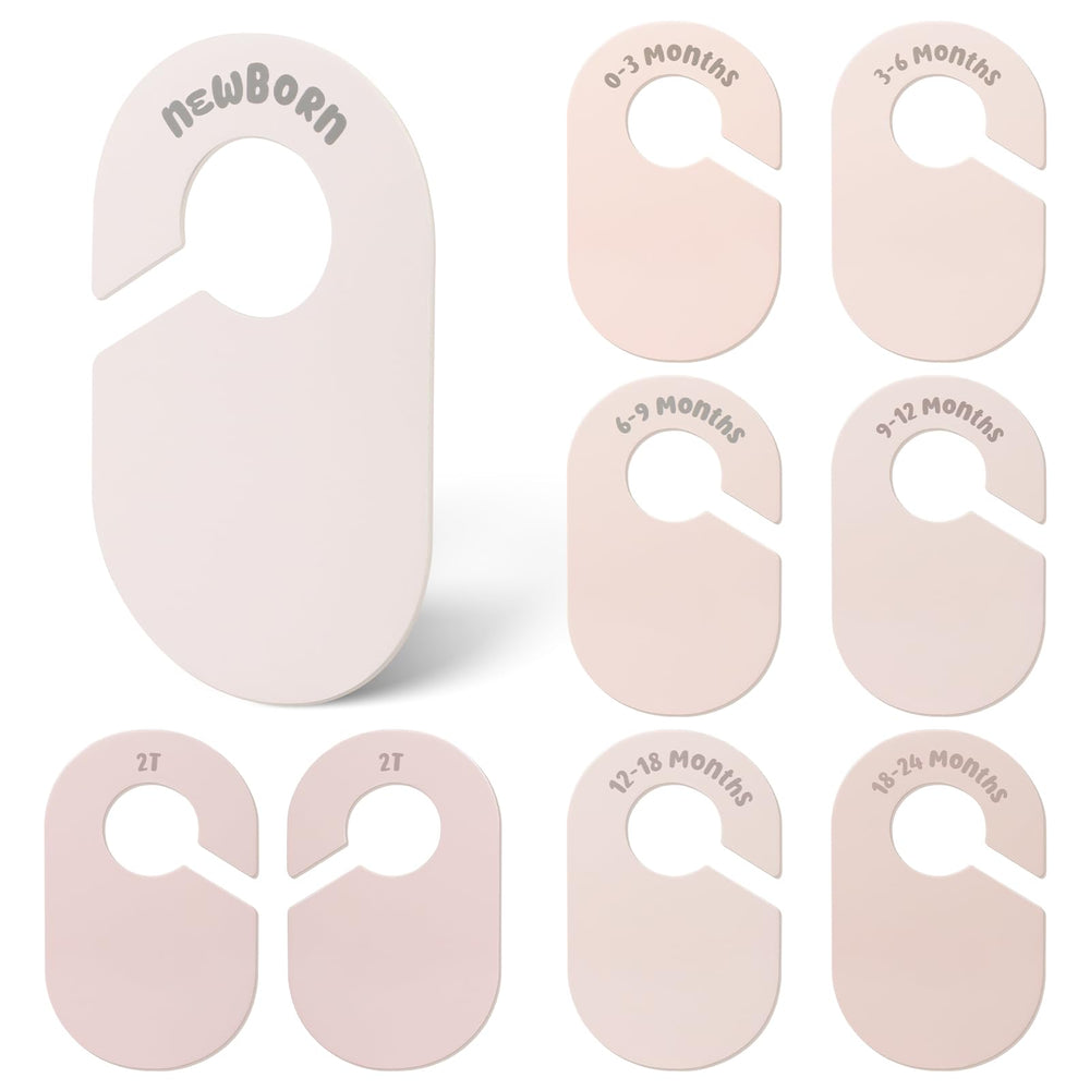 Meilidy baby closet dividers front view show eight pink sizes for quick newborn-to-2T sizing.