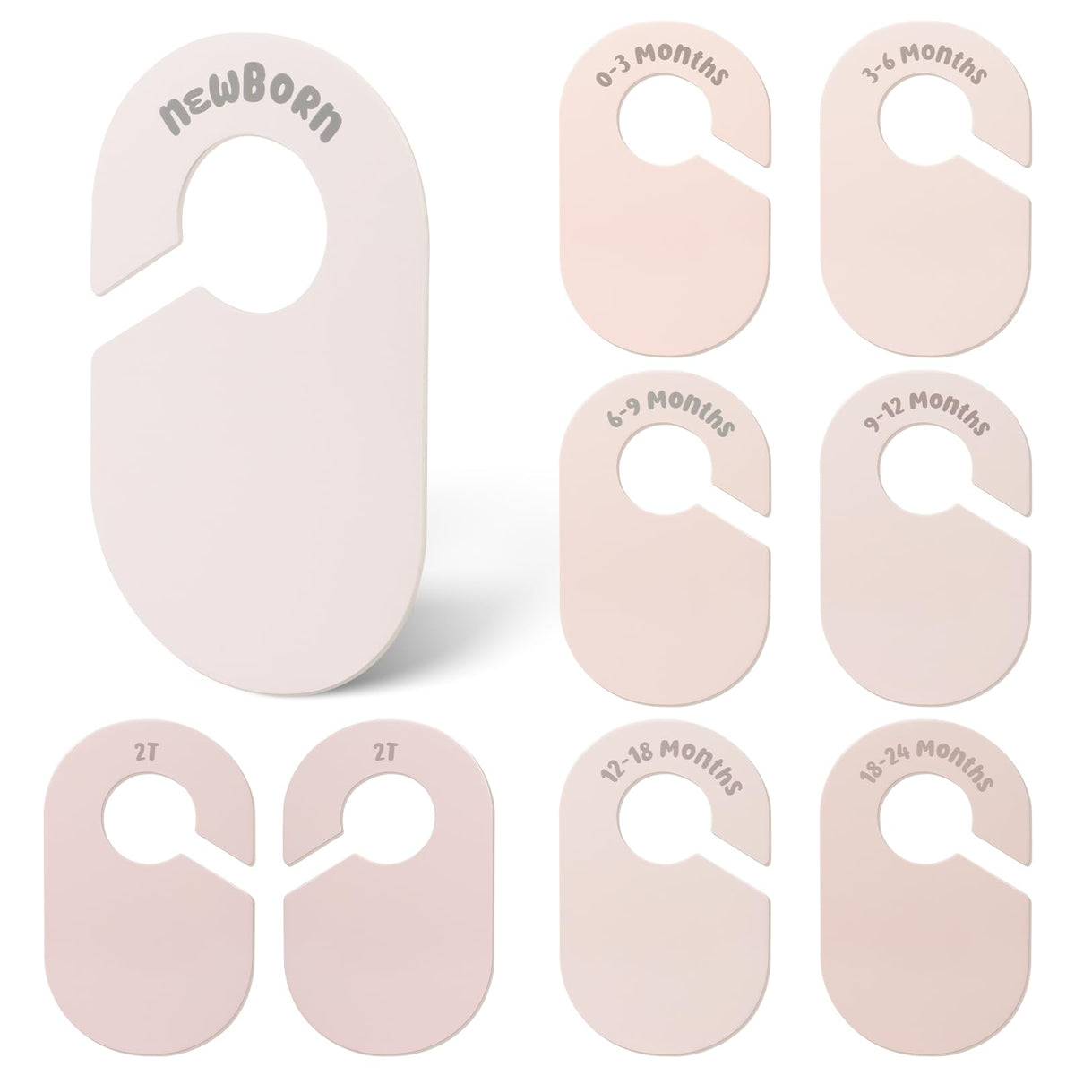 Meilidy baby closet dividers front view show eight pink sizes for quick newborn-to-2T sizing.