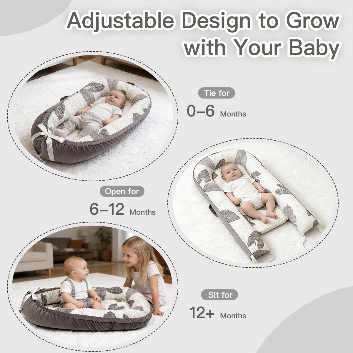 Meindoovm baby lounger adjustable buckle supports growth from newborn to 24 months.