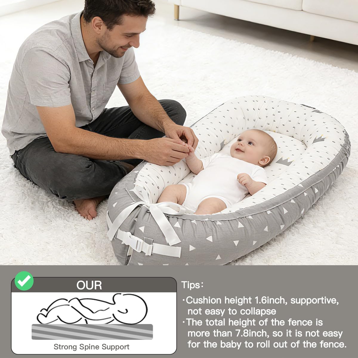 Meindoovm baby lounger adjustable buckle adapts as baby grows.