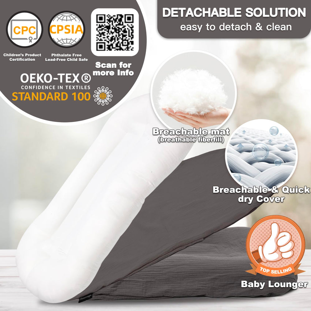 Meindoovm Baby Lounger on sofa enables hands-free awake play.