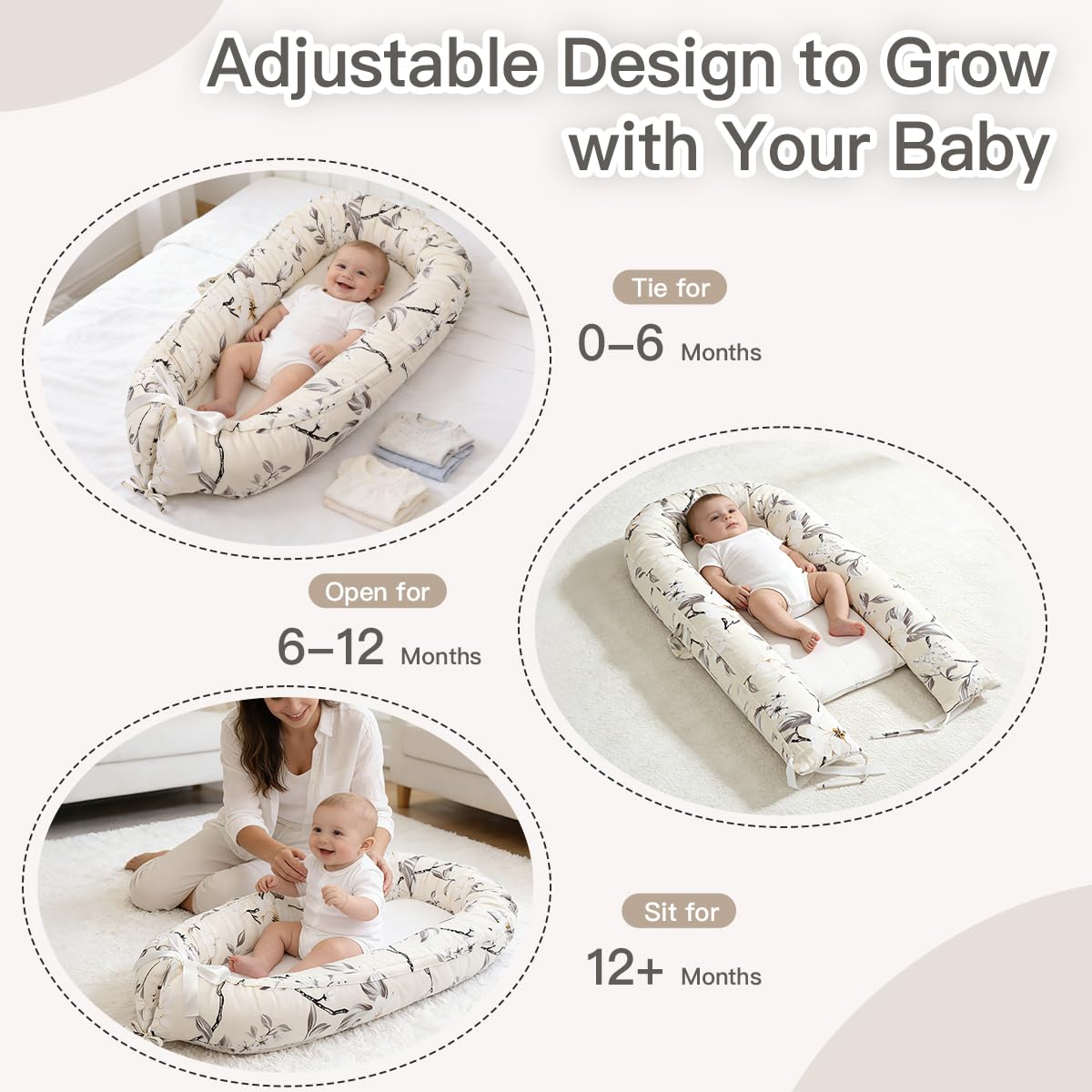 Meindoovm baby lounger breathable cotton ensures airflow for comfy daytime lounging.