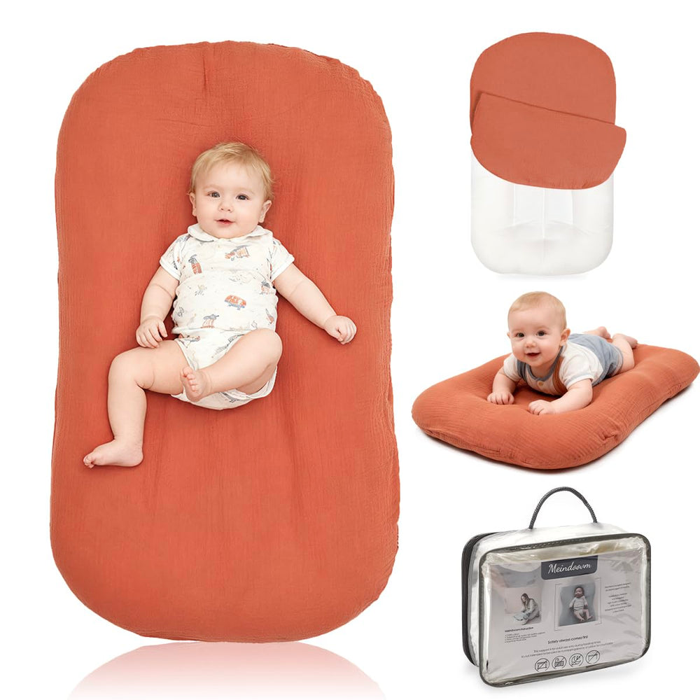 Meindoovm baby lounger cover closeup reveals breathable fabric for gentle newborn comfort.