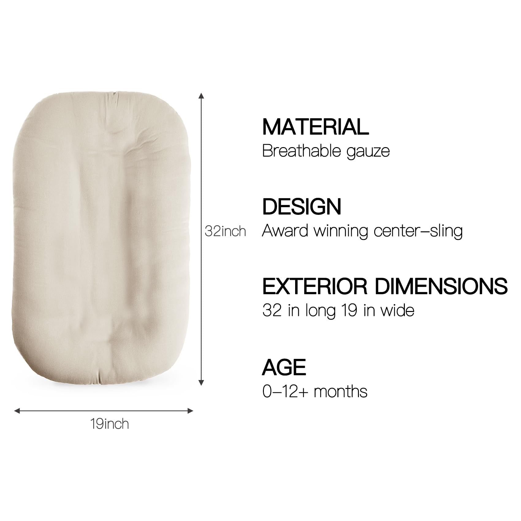 Meindoovm Baby Lounger cover closeup highlights organic cotton and machine-washable comfort.