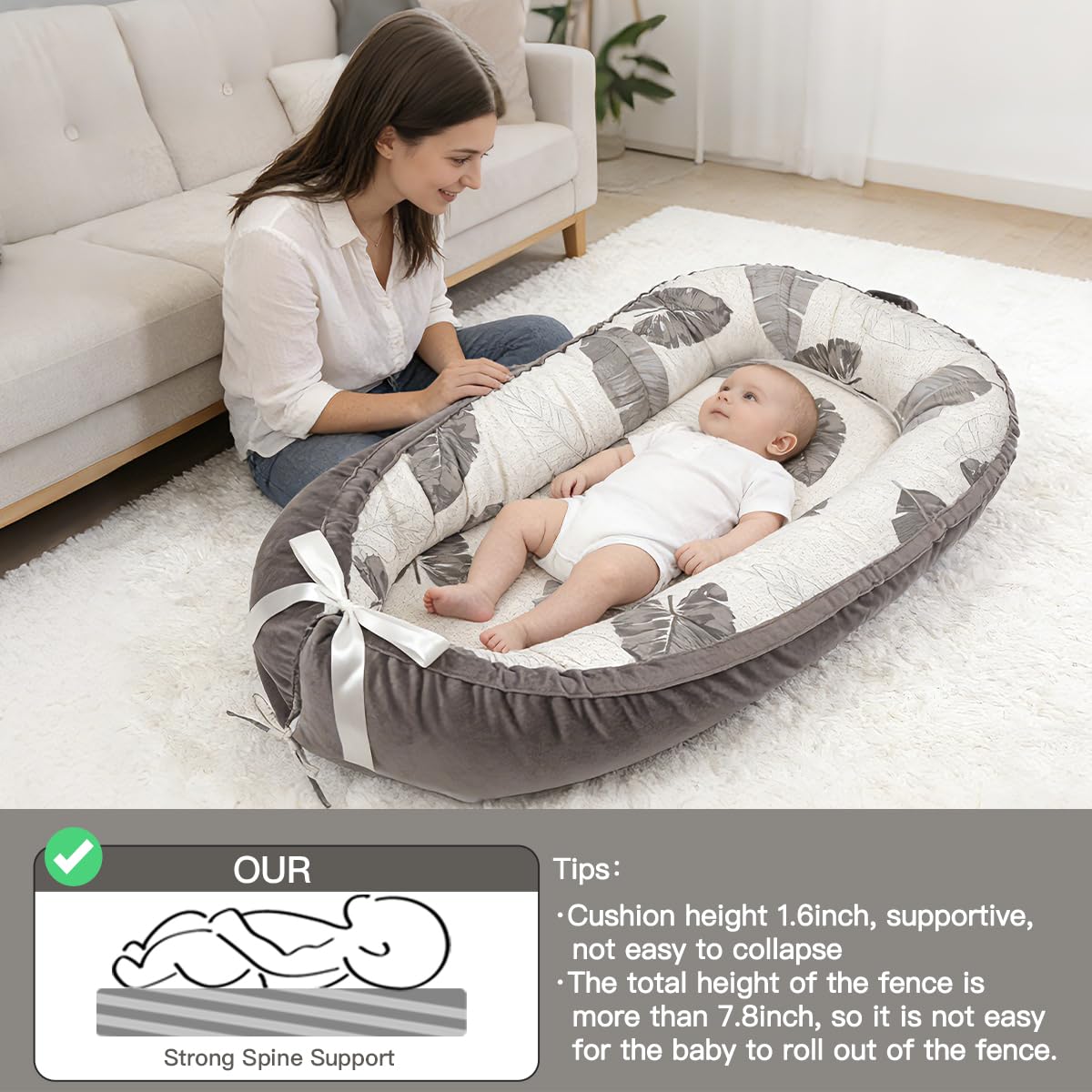 Meindoovm baby lounger CPSIA-certified safety label.