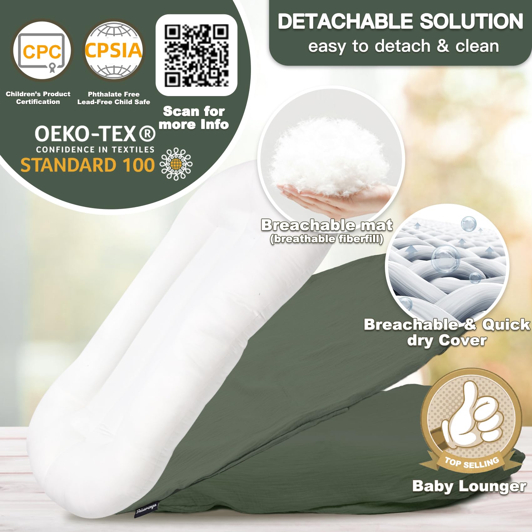 Meindoovm baby lounger fabric closeup highlights soft organic cotton and breathable texture.