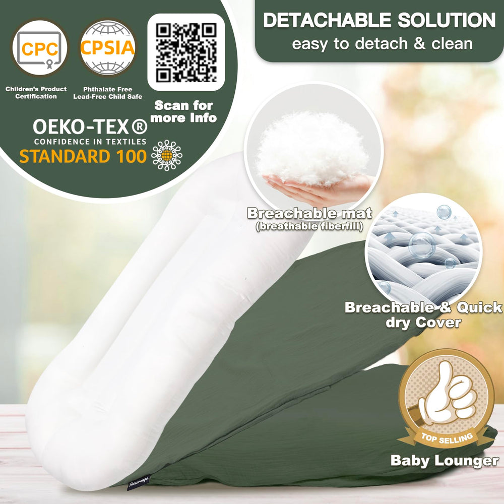 Meindoovm baby lounger fabric closeup highlights soft organic cotton and breathable texture.