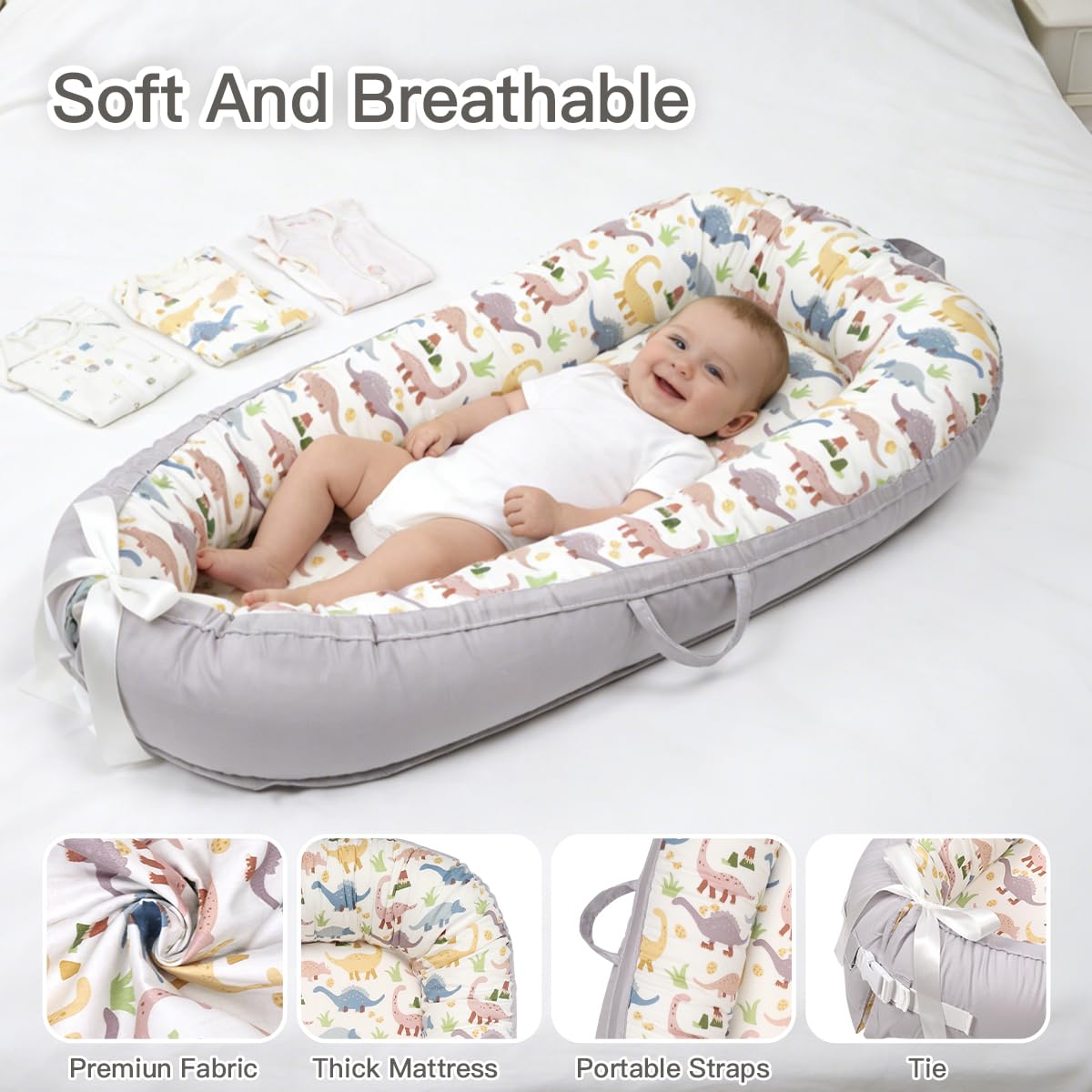 Meindoovm baby lounger fabric texture – soft organic cotton for gentle daytime comfort.