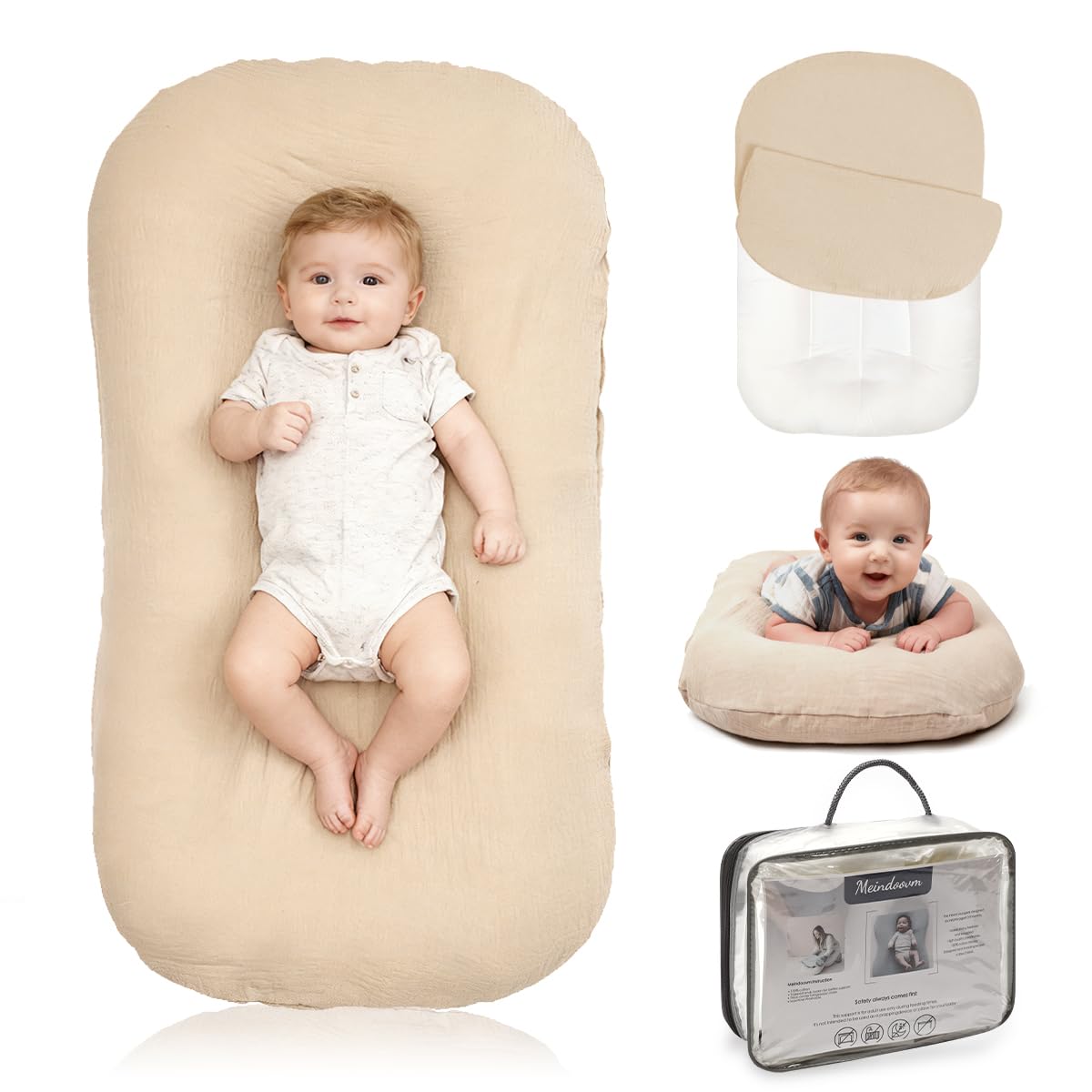Meindoovm Baby Lounger front view shows compact, supportive space for awake-time bonding.
