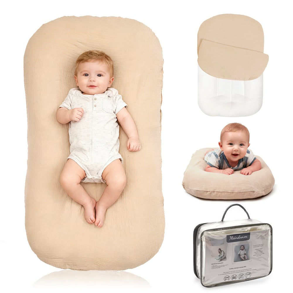 Meindoovm Baby Lounger front view shows compact, supportive space for awake-time bonding.