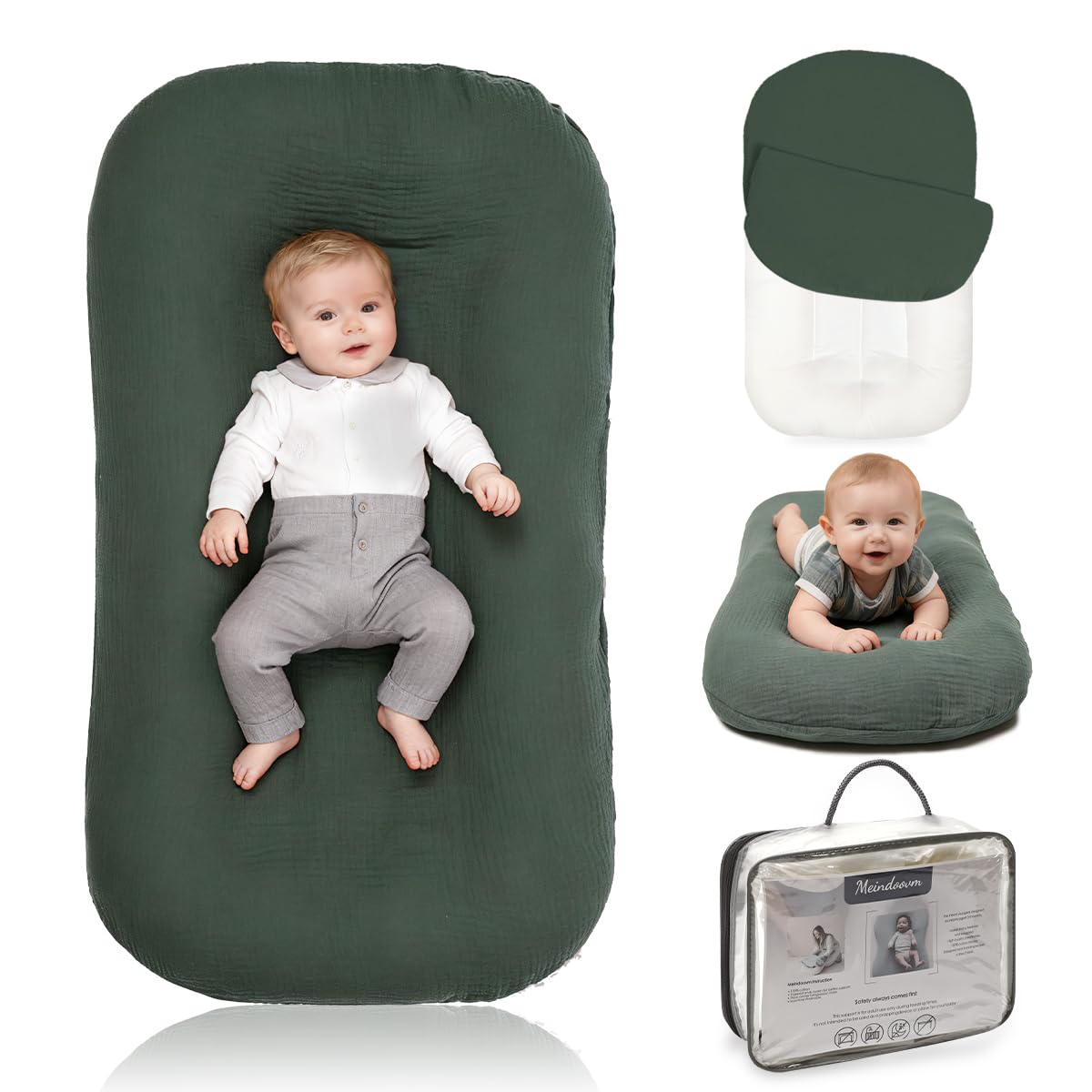 Meindoovm baby lounger main view shows compact cradle for newborn play and bonding.