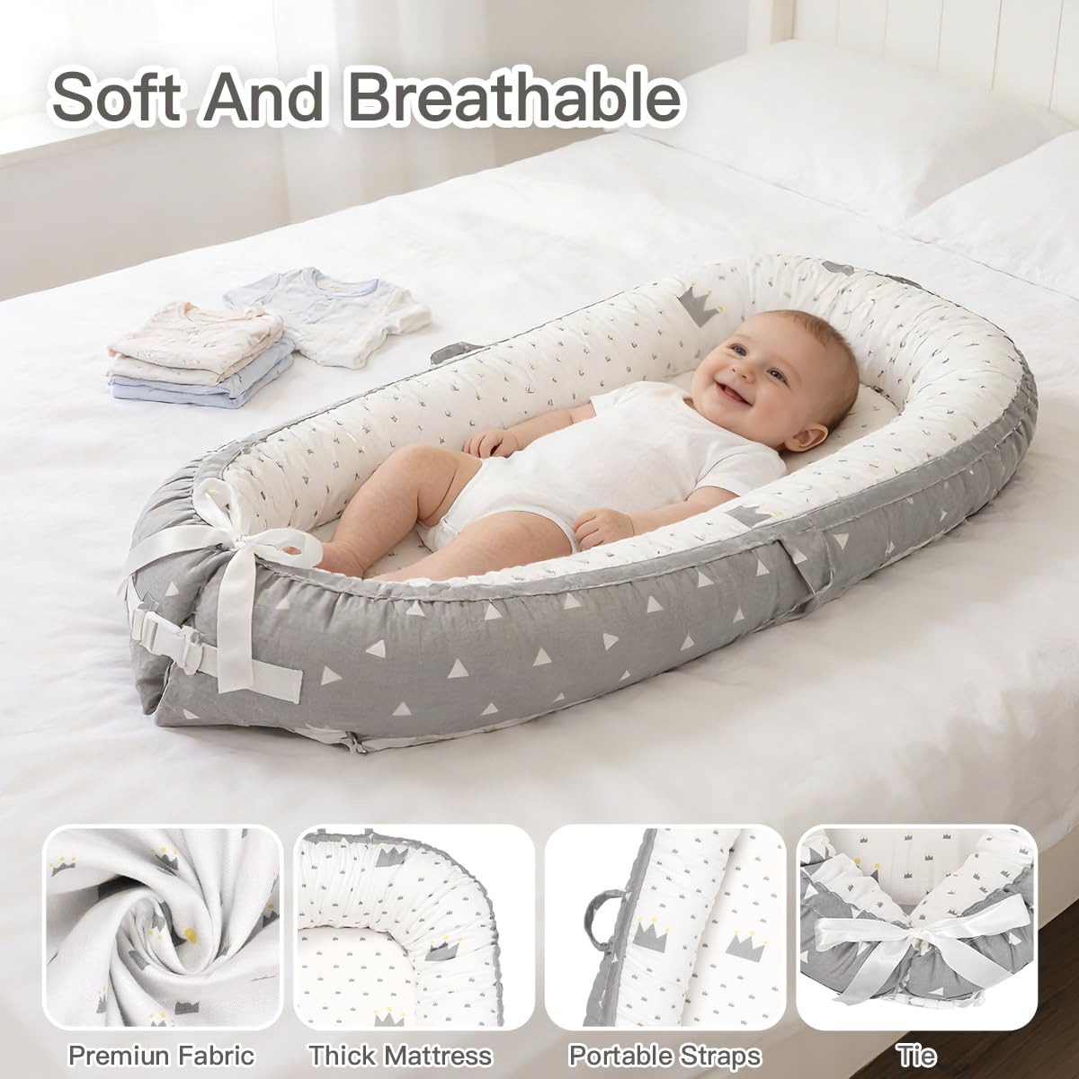 Meindoovm baby lounger showing reversible cover design for two looks.