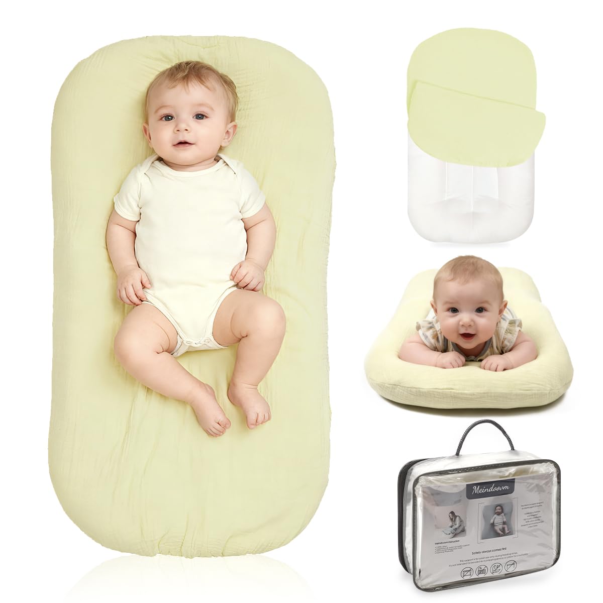 Meindoovm baby lounger front view in yellow for cozy awake-time moments.