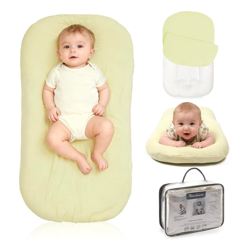 Meindoovm baby lounger front view in yellow for cozy awake-time moments.