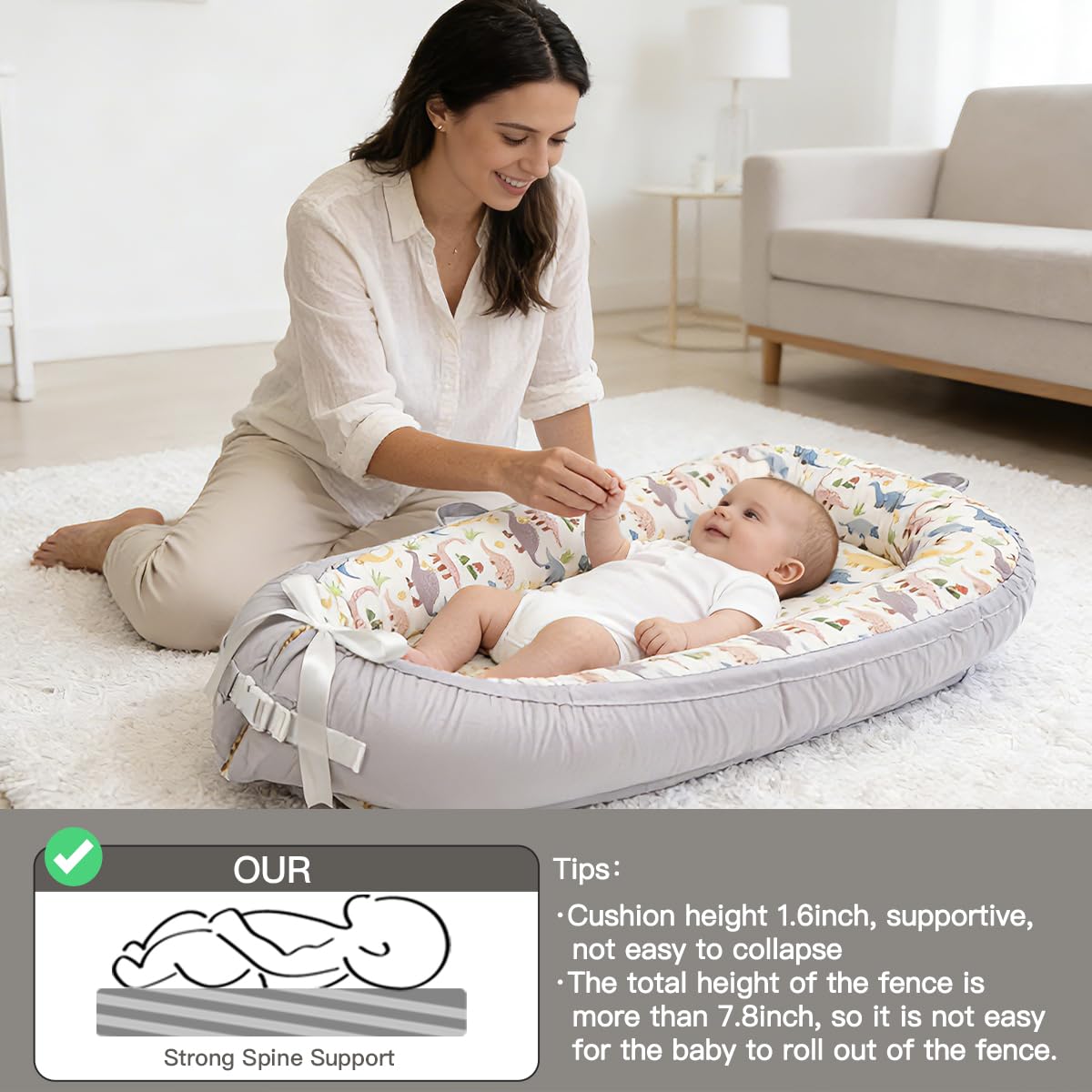 Meindoovm baby lounger travel-ready – lightweight and portable for on-the-go comfort.