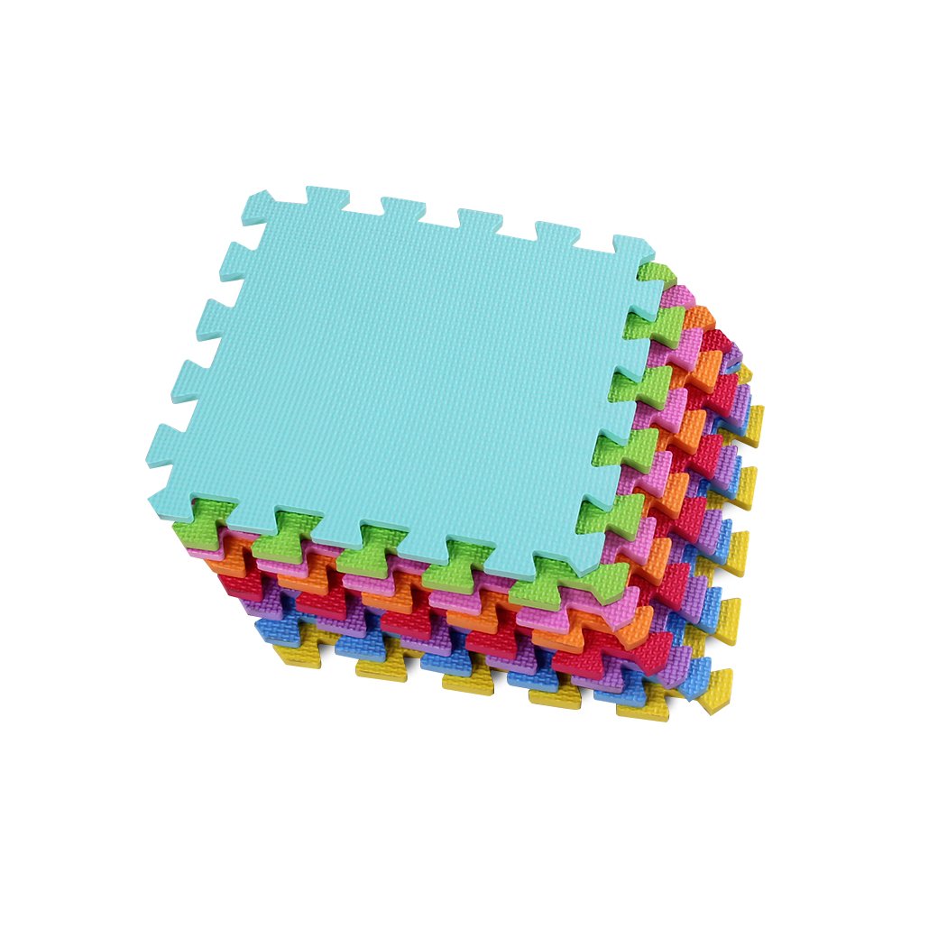 Meiqicool puzzle mat on hardwood floor offers knee protection for kids.