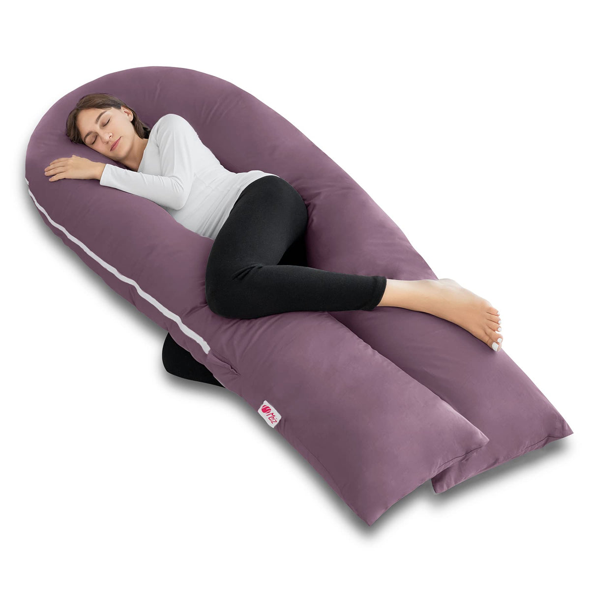 Meiz pregnancy pillow with cooling silk jersey cover for cooler, comfortable sleep.