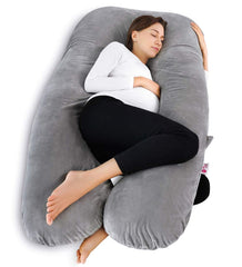 Meiz pregnancy pillow front view in gray velvet offers full-body support.