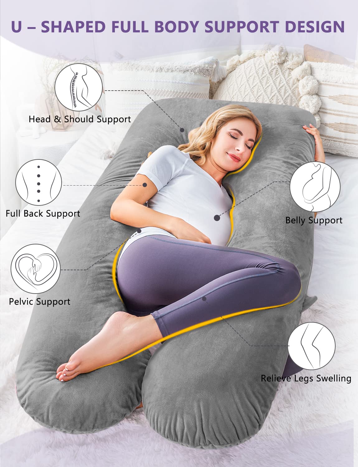 Meiz pregnancy pillow side view for comfortable side sleeping with ergonomic support.