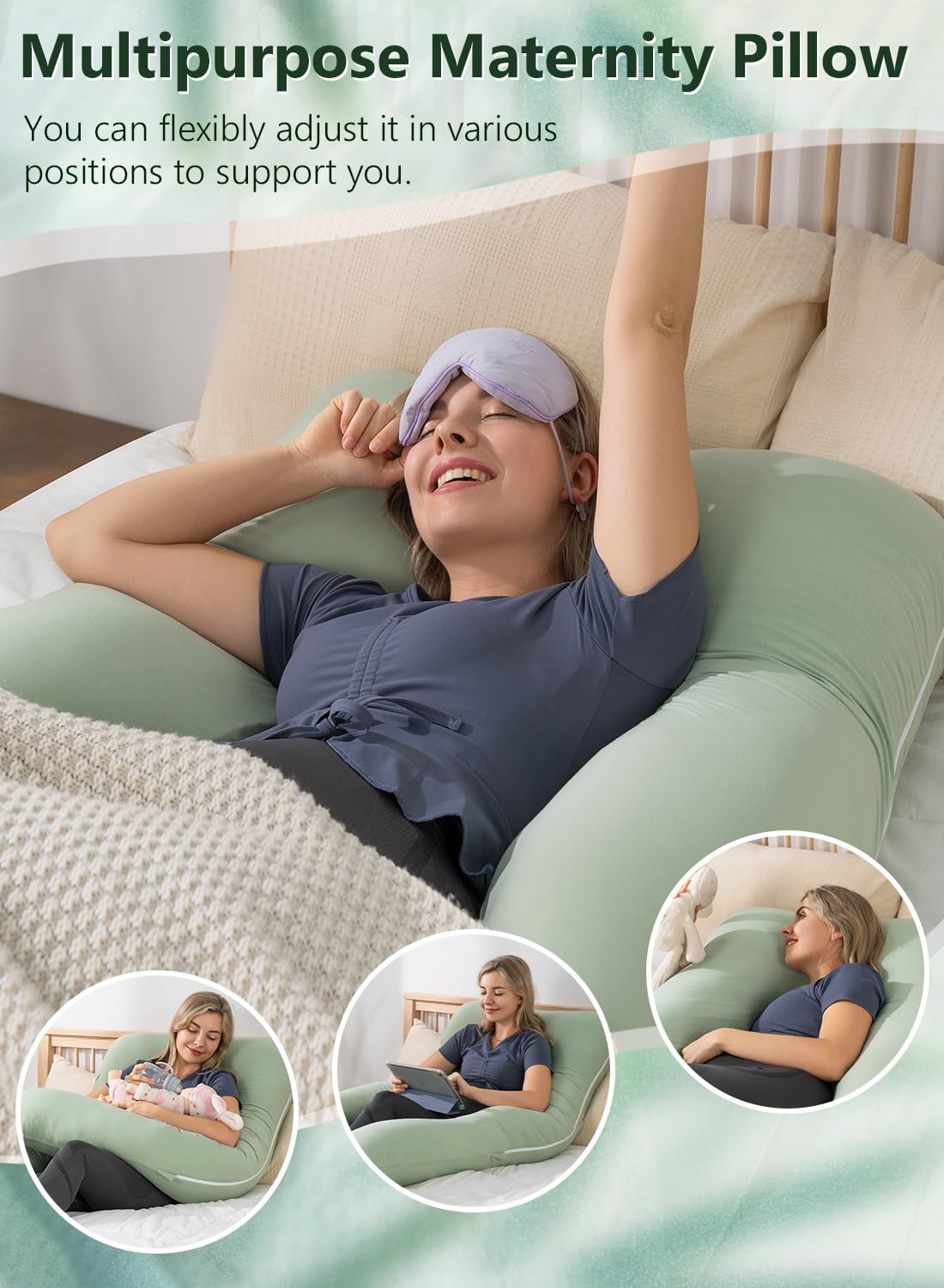 Meiz sage-green pillow complements bedroom decor while supporting restful nights.